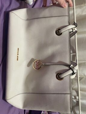 Michael Kors Ivory Saffiano Leather Tote with Gold Logo Charm